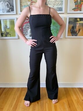 Vintage 90s Black Studded Jumpsuit | Minimalist Wide Leg Catsuit | Evening Party